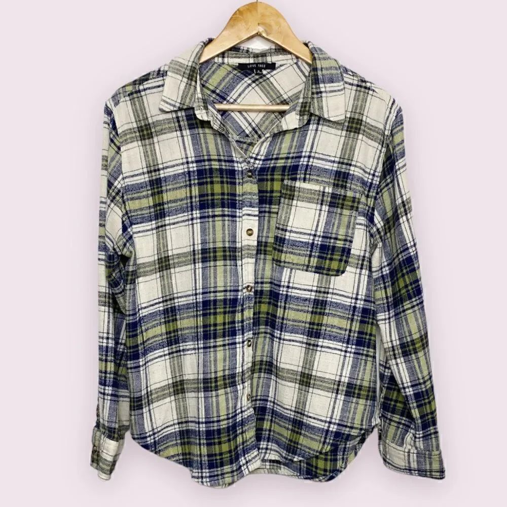 Love Tree Button Down Flannel Green Blue White Small